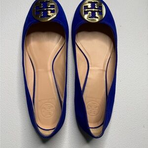 Tory Burch Blue Suede Flats with Gold Logo